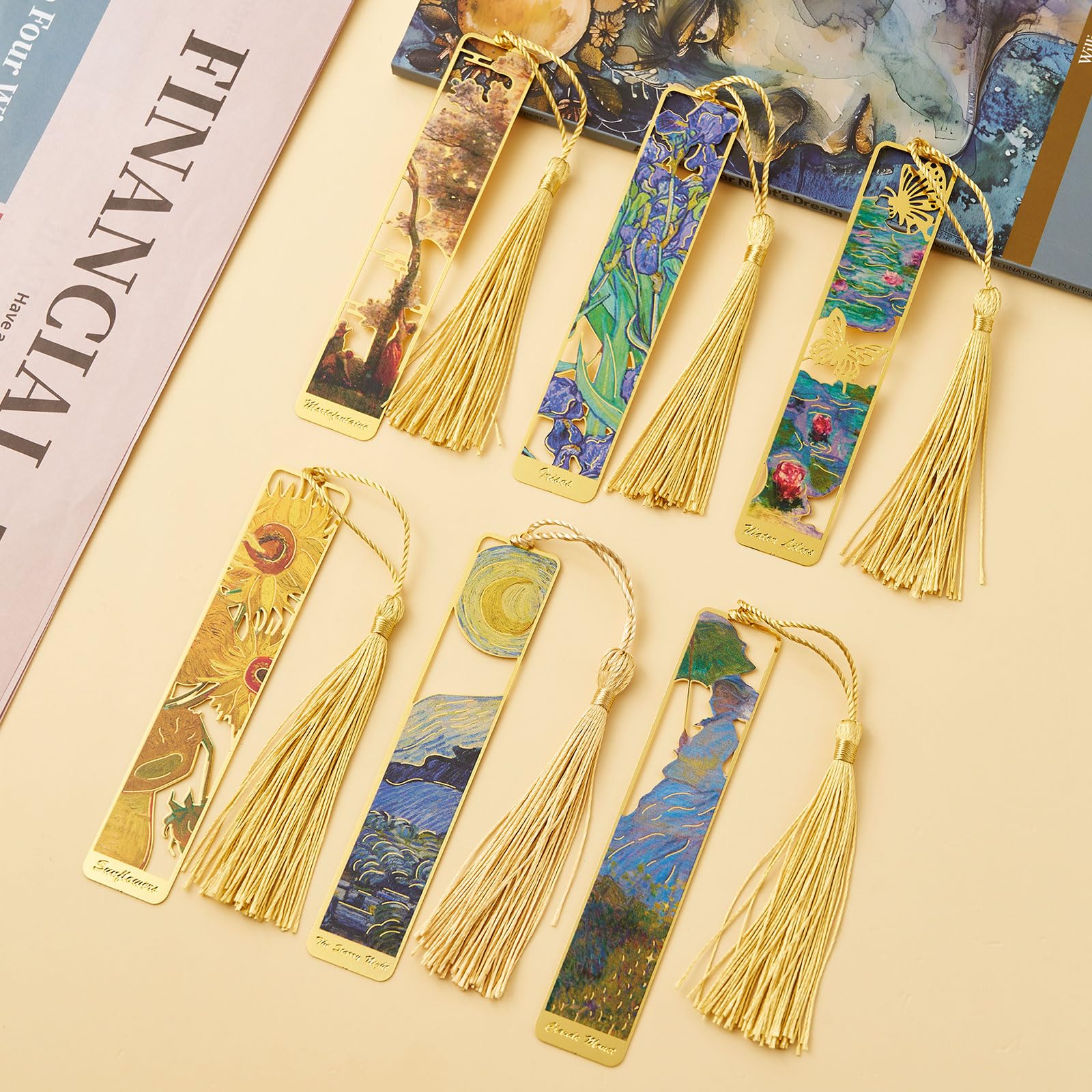 ZOUIQSS Metal Bookmarks with Tassel Golden Hollow Bookmark Van Gogh Oil Painting Theme Book Mark Bookmarks for Book Lovers Writers Readers Men Women,6 Pieces,Style3