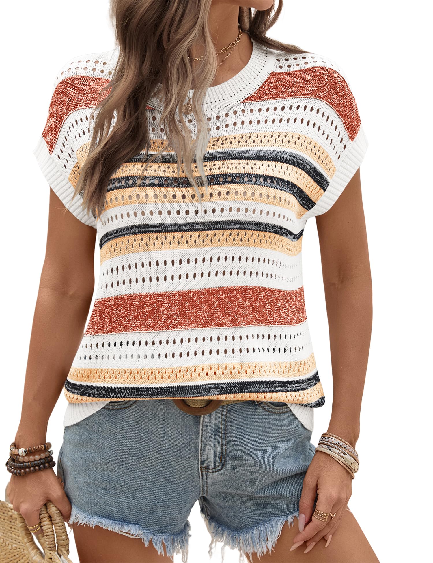 Ivicoer Womens Spring Summer Tops Crochet Cap Sleeve Sweater Hollow Out Beach Vacation Clothes Trendy 2026 Loose Fit