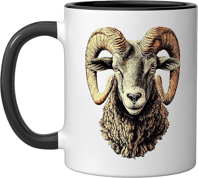 Ram Mouflon Aries Domestic Sheep Wild Sheep Male Sheep Ceramic Mug, Black/White