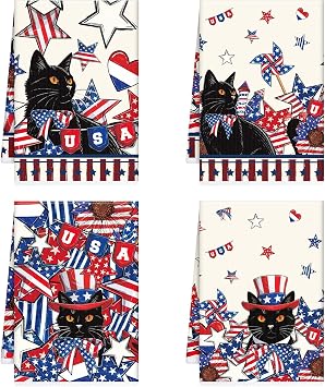 4th of July Kitchen Towels, American Patriotic Black Cat Dish Towels Gifts for Cooking Cleaning Set of 4, Independence Day 250 Anniversary Hand Towels for Housewarming Home Decor