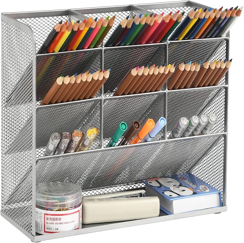 Mesh Desk Organizer, Multi-Functional Pen Holder, Desktop Stationary Organizer, Storage Rack for School, Home, Office, Art Supplies (Mesh Pen Holder-Silver)