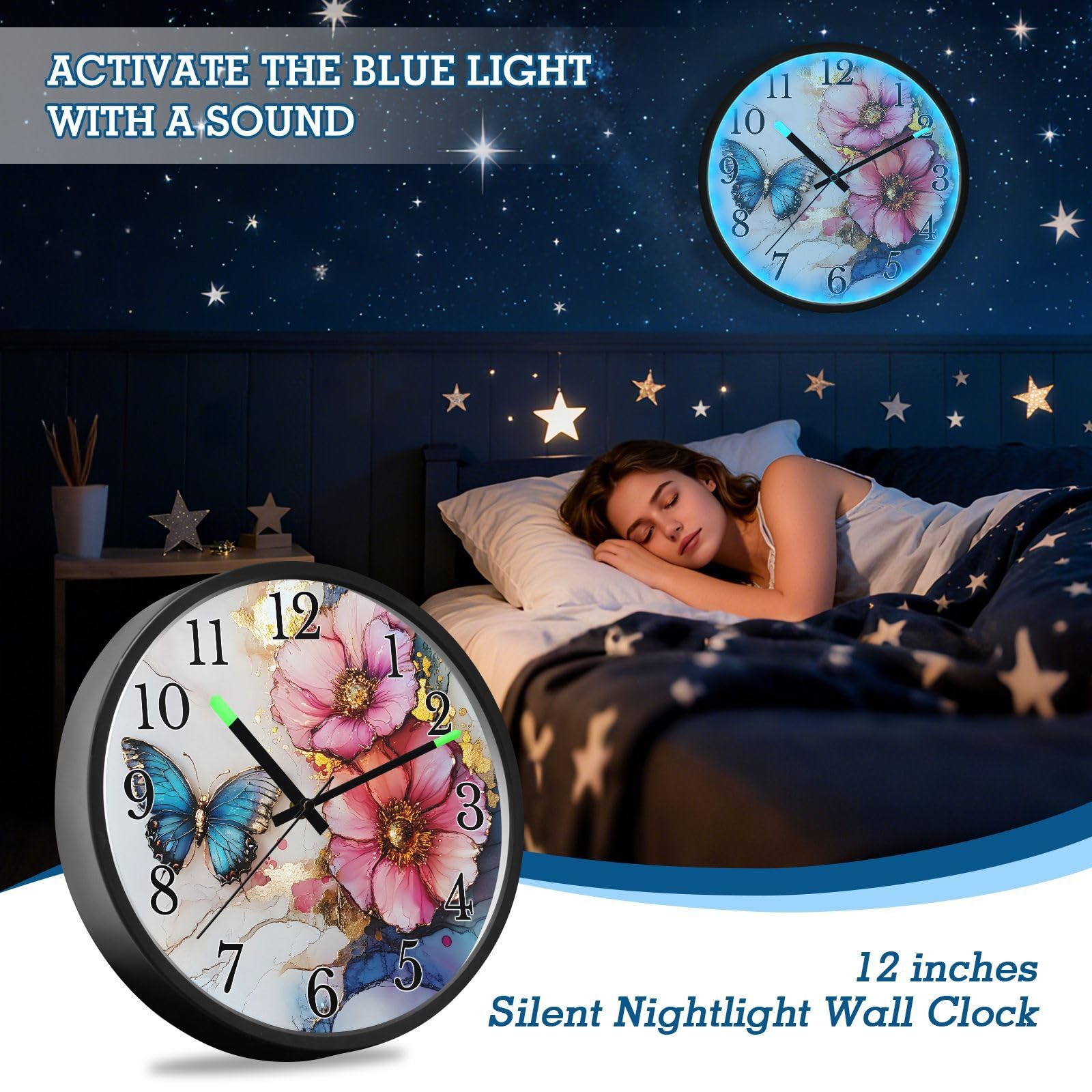 Mnsruu Reloj de pared luminoso con diseño de flores y mariposas, reloj de pared que brilla en la oscuridad, funciona con pilas, silencioso, sin tictac, luz nocturna para dormitorio