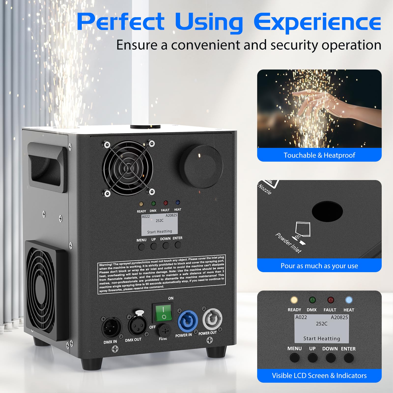 Pirotecnici Macchine, 2 DMX Cold Spark Machine con flight case, Riscaldamento a resistenza per feste, Natale, DJ, matrimoni, eventi sportivi