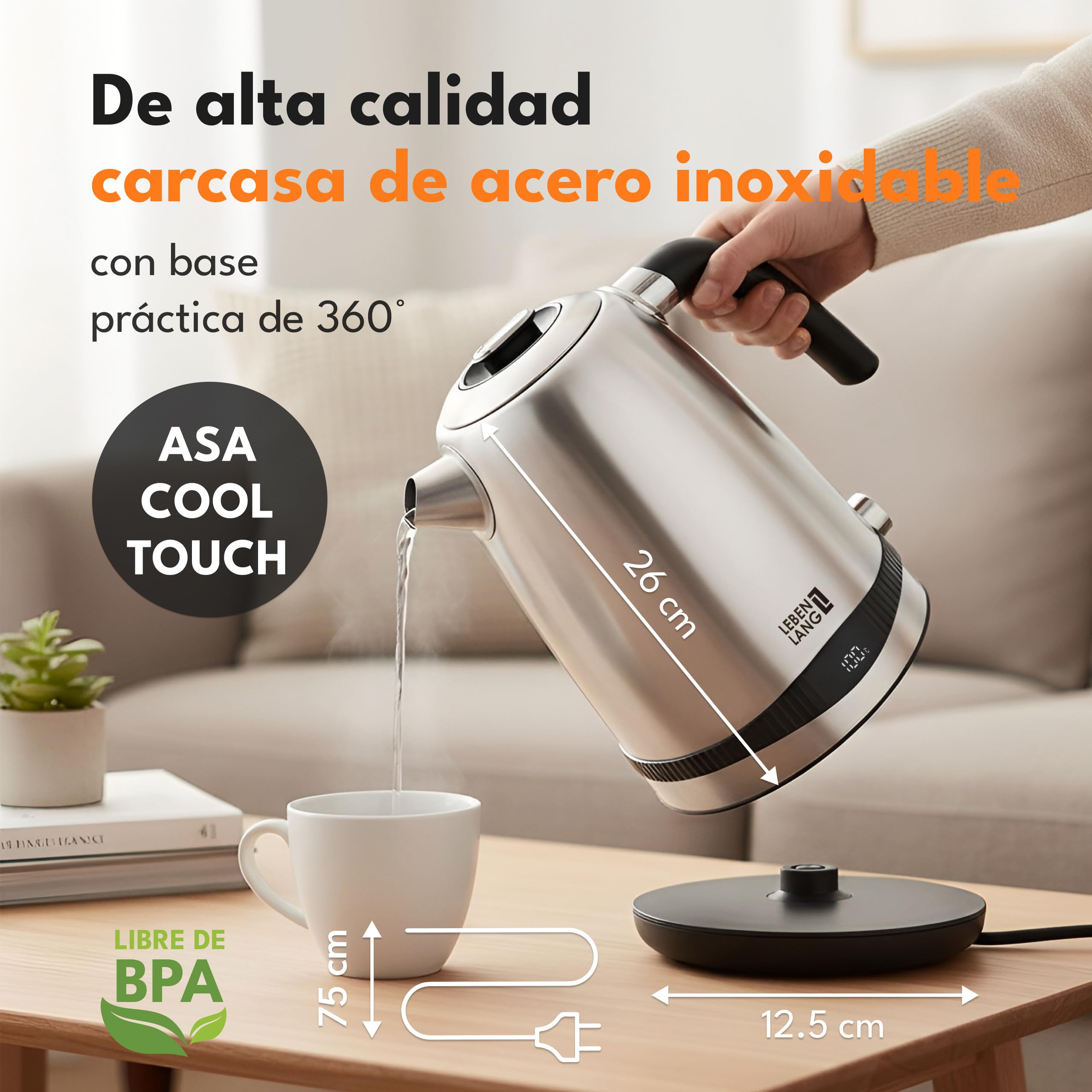 LEBENLANG Hervidor de agua de acero inoxidable con ajuste de temperatura - silencioso, con indicación de temperatura y función de mantenimiento del calor - 1,7l y 2200W | Hervidor de agua eléctrico | Silencioso, con indicación de temperatura y función de