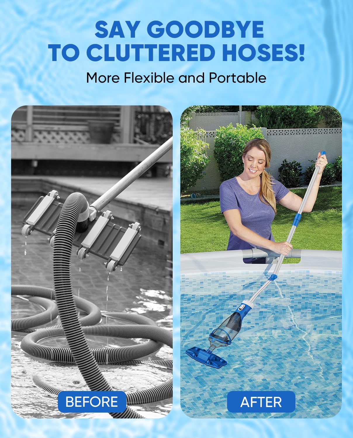 Aspiradora inalámbrica para piscina con poste telescópico, potente succión de 18.5 GPM, tecnología de sobrecarga de 1.5 horas, aspiradora de piscina de mano para piscinas sobre el suelo/enterrado