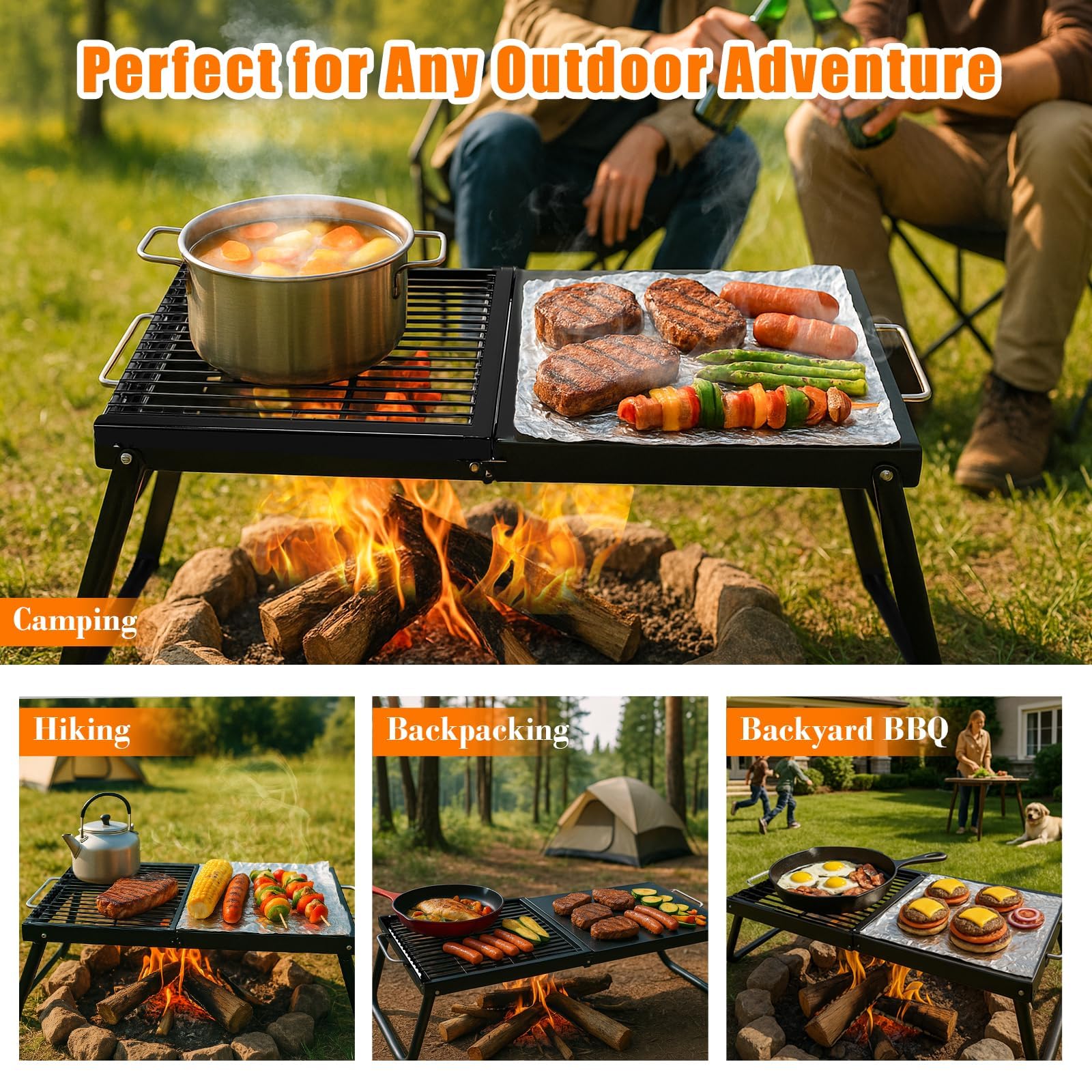 GFTIME Barbecue pieghevole da tavolo con griglia e piastra, 57 x 28 cm, griglia pieghevole con borsa per il trasporto, per falò, picnic, barbecue e feste in giardino