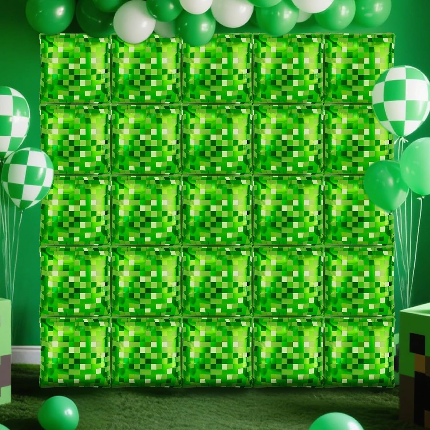 25 PCS Green Pixel Party Square Foil Balloons Wall Game Themed Party Decorations Essentials, Double Sided Cube Balloons Tunnel Arch Kit for Birthday