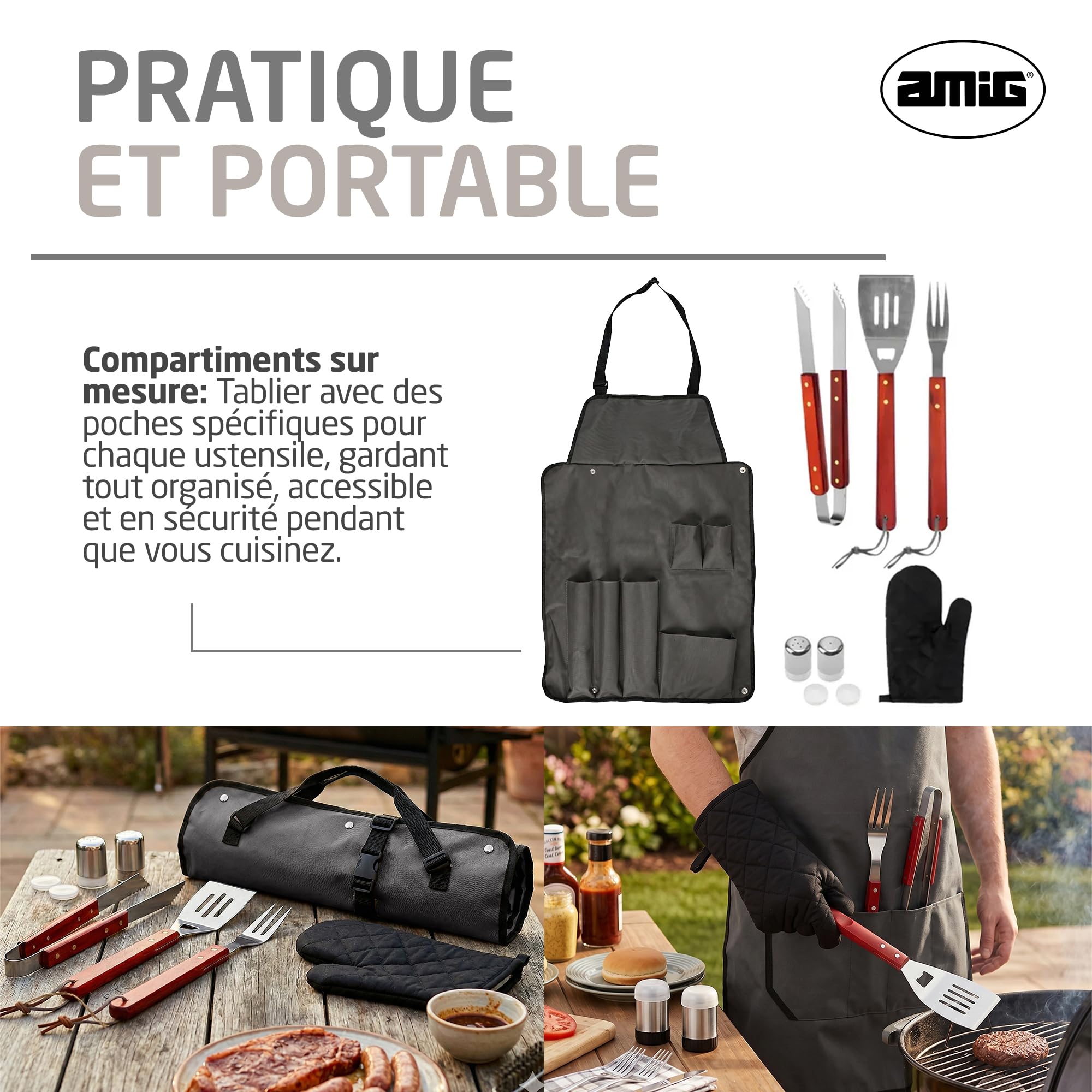 Amig - Tablier de Barbecue avec 7 Accessoires - Acier Inoxydable - Ensemble d'ustensiles BBQ - avec Poches - Accessoires Pratiques et présentation soignée pour Cadeau - Mod. AM17
