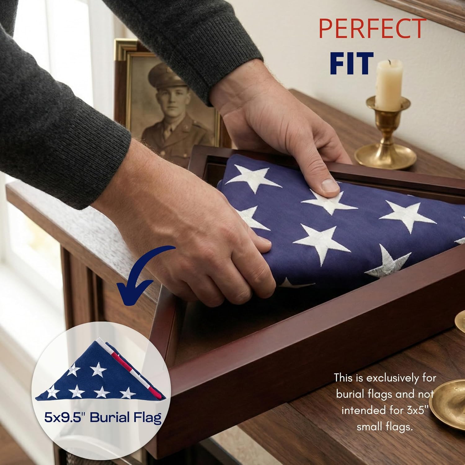 DECOMIL Burial Flag Display Case Personalized, 5x9 Flag Display Stand with Pedestal, Flag Case for Funeral Flag, Solid Wood Cherry Finish, Flag Case with Name Plate