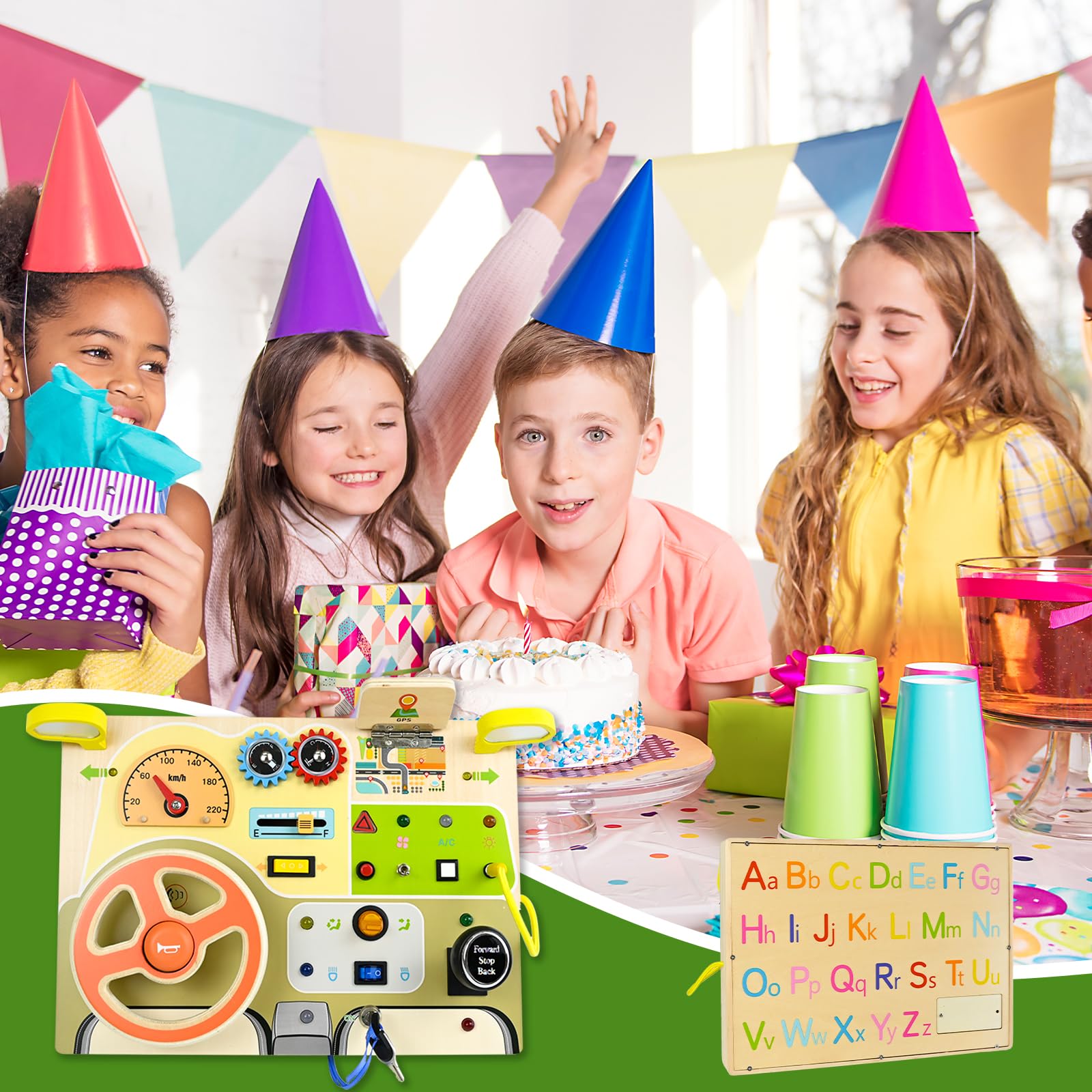 Ulikey Volant Analogique Montessori, Tableau Busy Board en Bois pour Bébés, Planche Occupée avec Volant Simulé et Interrupteurs Lumineux à LED, Enfants Activity Board Jouets avec Lettres