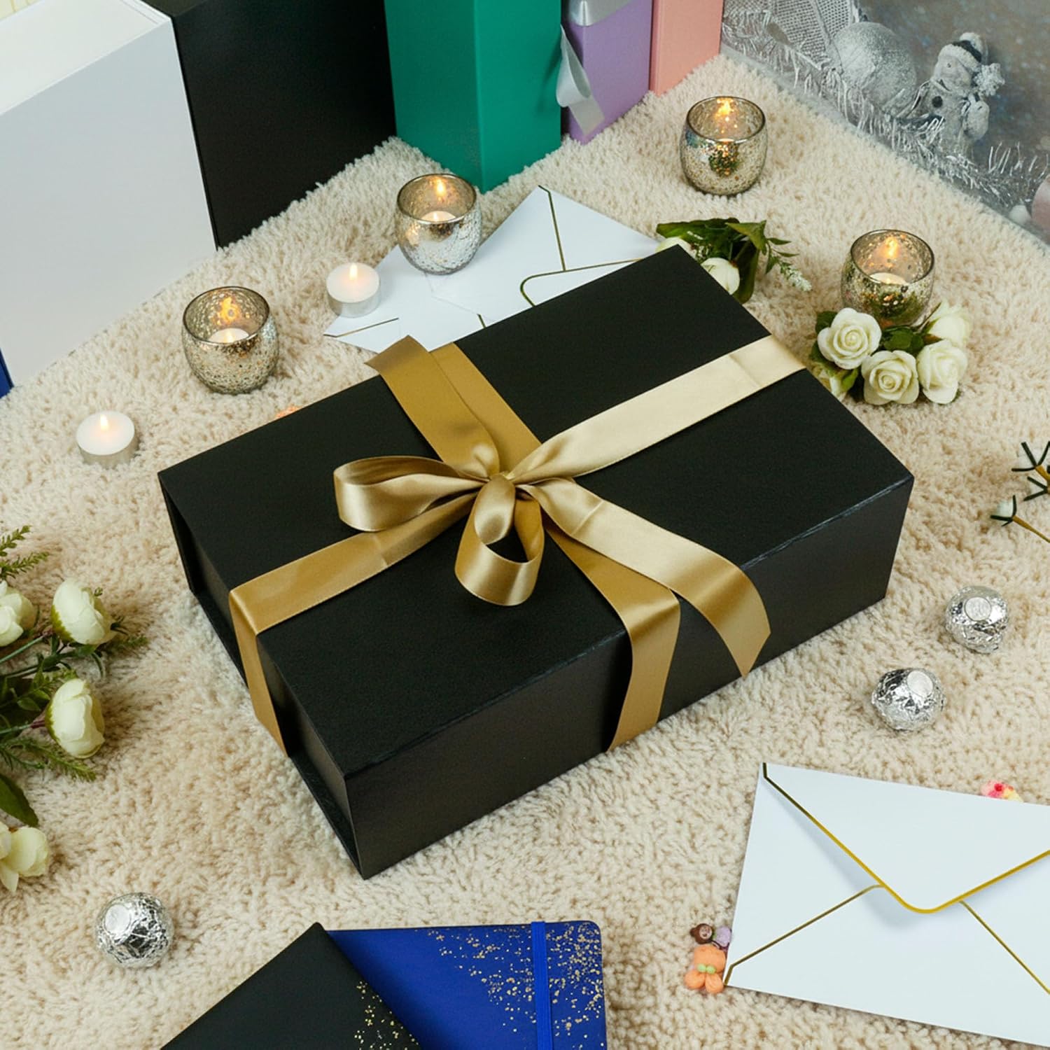YINUOYOUJIA Large Black Gift Boxes with Lid,14"x9"x4.5" Magnetic Gift Box with Ribbon,Cards and Envelopes for Presents,Great for Wedding,Birthdays,Crafting,Gift Packaging.