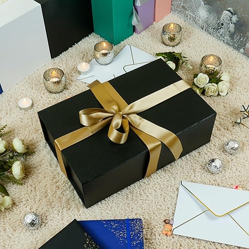 Miniatura 5 de YINUOYOUJIA Cajas de regalo grandes negras con tapa, caja de regalo magnética de 14 x 9 x 4.5 pulgadas con cinta, tarjetas y sobres para regalos,