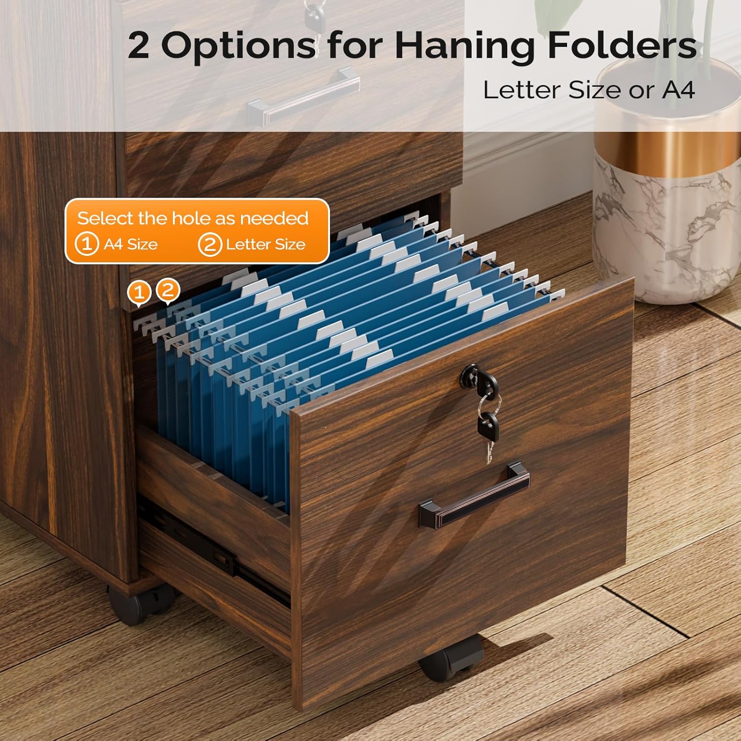 A VINGLI 2-Drawer File Cabinet with an open drawer showing two options for hanging folders, labeled '1 A4 Size' and '2 Letter Size', indicating adjustable positions for the hanging rods.