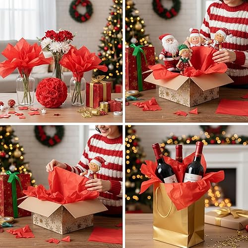 Miniatura 5 de Qilery 500 hojas de papel de seda rojo de Navidad a granel para bolsas de regalo de 20 x 30 pulgadas, sin ácidos, hojas de papel de regalo para