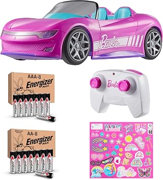 Hot Wheels Barbie RC Toy Car Plus Energizer AA and AAA Alkaline Batteries, Remote-Control Pink Convertible, Can Hold 2 Barbie Fashion Dolls & Trunk Opens for Storage, Sticker Sheet for Customizing