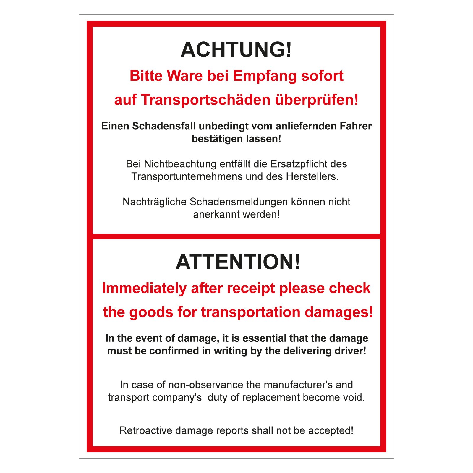 Verpackungskennzeichen Achtung! Bitte Ware bei Empfang sofort überprüfen zweisprachig 500 St. 105 x 148 mm Haftpapier Paketaufkleber Versandaufkleber Etiketten