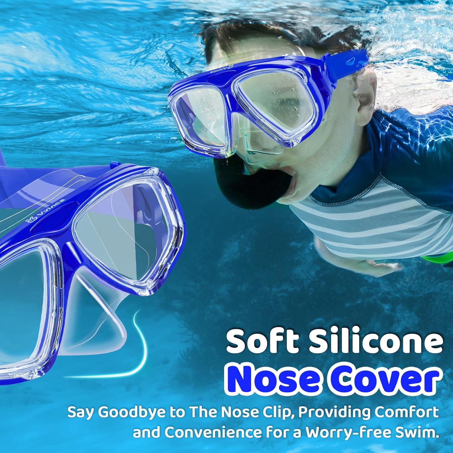Vvinca Kids Swim Goggles with Nose Cover & Fabric Strap Anti-Fog Swimming Goggles for Boys Girls 3-14 Tangle-Free Design