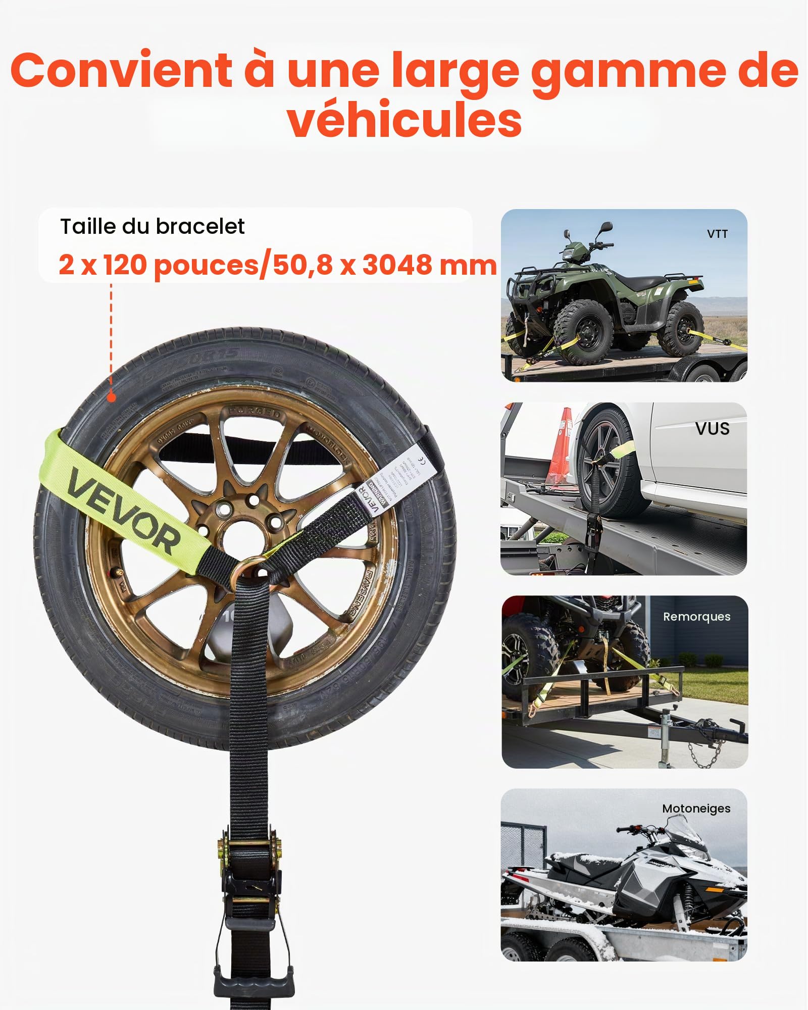 VEVOR Sangles d'Arrimage de Roue avec Crochet Plat, Kit d’Arrimage de Voiture avec Capacité de Charge 1512 kg, Résistance à la Rupture 4540 kg, Kit de Fixation pour VTT Moto Camion SUV Remorque