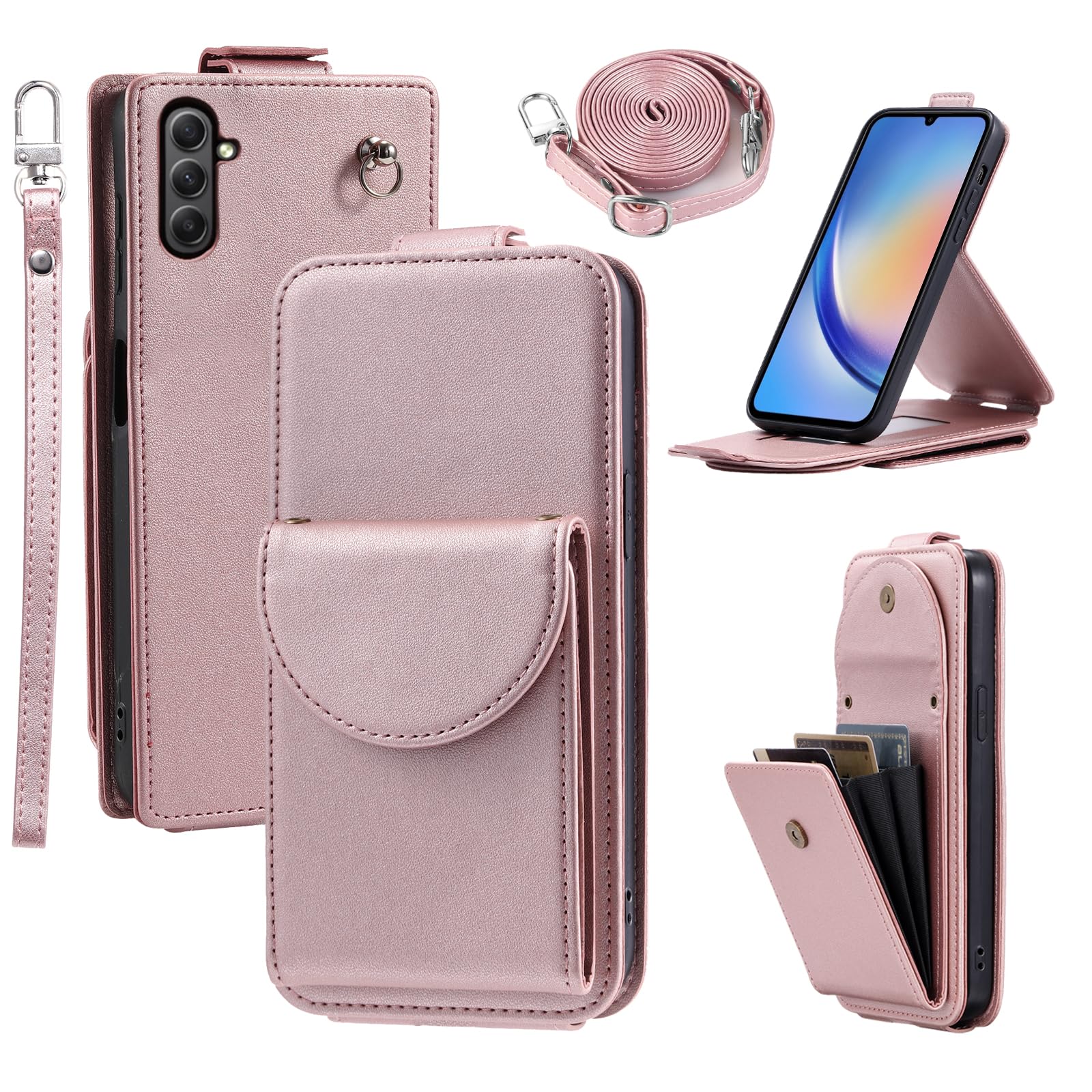 Dibosom Wallet Case for Samsung Galaxy A05s/A05 with Multiple Card Slots Organ Purse, Ring Buckle Wrist Strap Shoulder Strap, PU Leather Card Holder