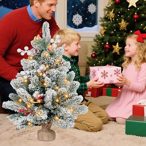 Miniatura 5 de ININ Mini árbol de Navidad preiluminado de 2 pies, árbol de Navidad artificial de mesa con luces LED, pequeño árbol de Navidad con base de bolsa de