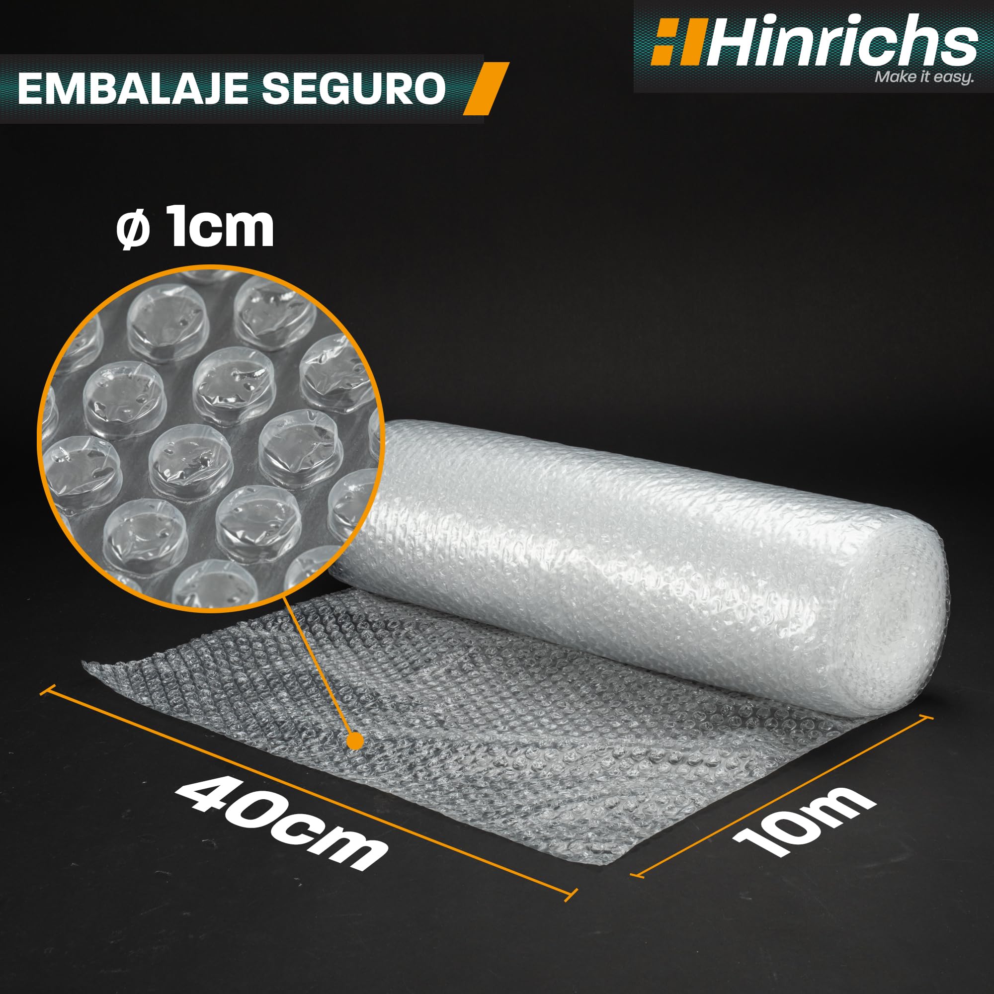 Hinrichs Rollo de Papel Burbujas 10m x 40cm - Ideal para Envíos, Embalajes y Mudanzas - 100% Reciclable - Plástico de Burbujas como Material de Embalaje - Material de Amortiguación