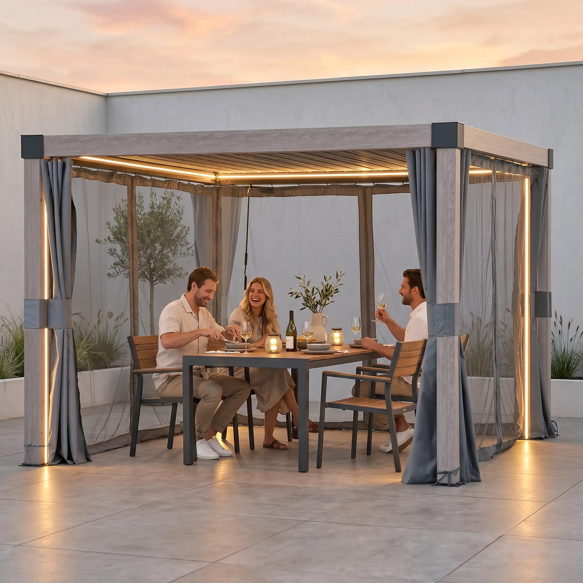 SUNJOY Pergola Ogrodowa 3x3m z zasłonami i siatką przeciwkomarową, Aluminiowa Altana Lamelowa Całoroczna, Ruchomy Dach z Regulacją Kąta, Solidny Pawilon Tarasowy, Efekt drewna