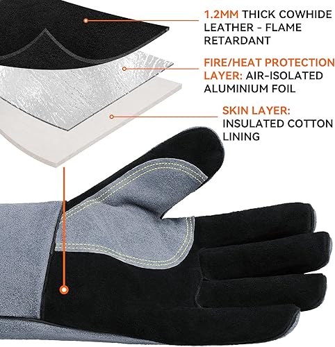 Miniatura 3 de OZERO Guantes de soldadura resistentes al calor 932F de cuero de vaca de 16 pulgadas, manga larga y forro aislante, guantes de barbacoa para