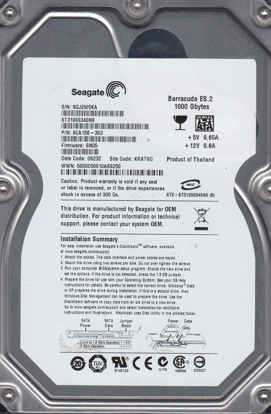 Seagate St31000340ns Disque Dur de 1 to (certifié reconditionné)