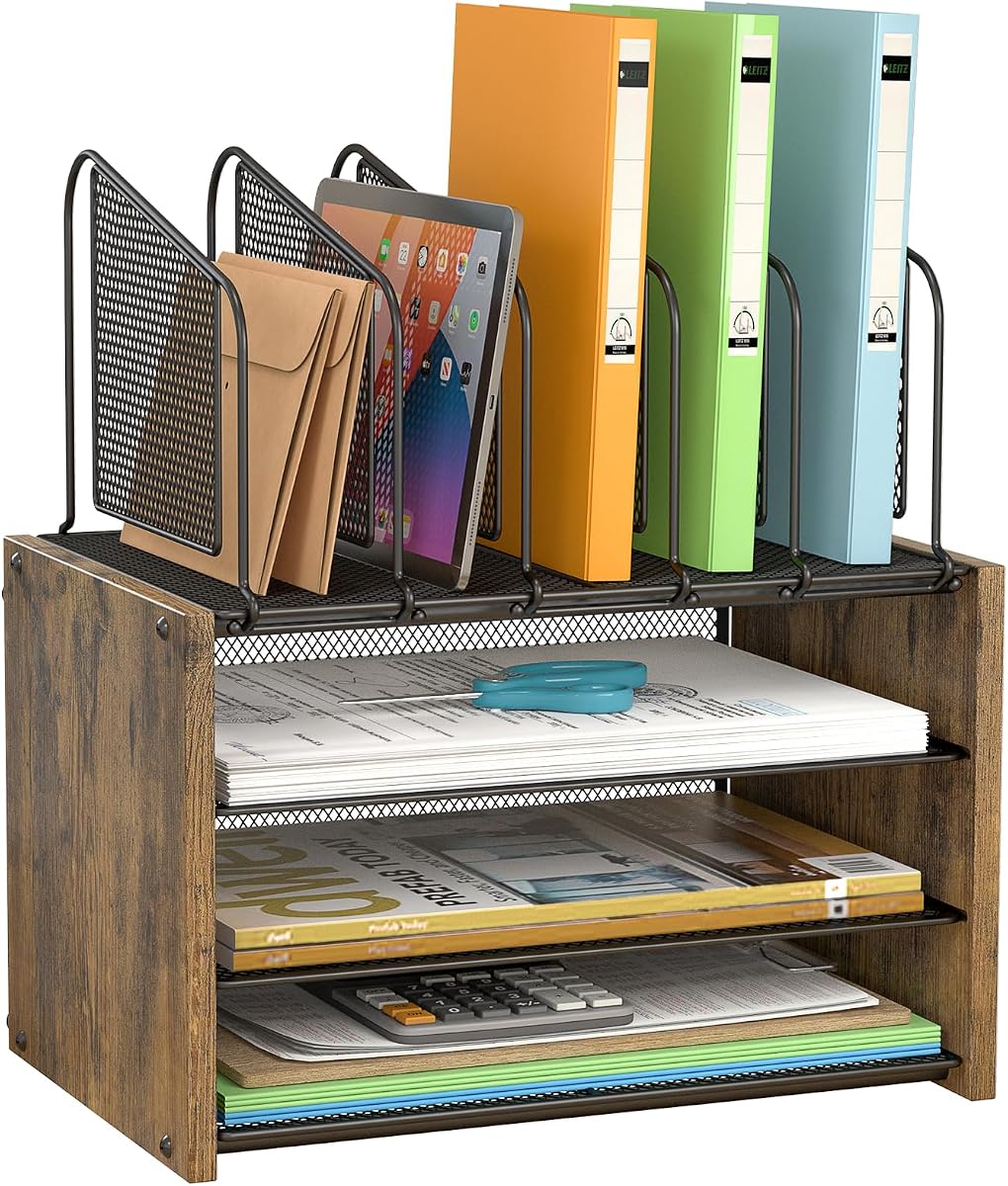 4-Tier Desk Organizer, Desk File Organizer with 5 Vertical File Holders, Office Desktop Organizer with 3 Level Paper Organizer Letter Tray, Wooden Desk Organizers and Accessories for Home Office