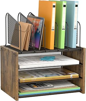 4-Tier Desk Organizer, Desk File Organizer with 5 Vertical File Holders, Office Desktop Organizer with 3 Level Paper Organizer Letter Tray, Wooden Desk Organizers and Accessories for Home Office