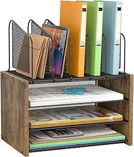 4-Tier Desk Organizer, Desk File Organizer with 5 Vertical File Holders, Office Desktop Organizer with 3 Level Paper Organizer Letter Tray, Wooden Desk Organizers and Accessories for Home Office