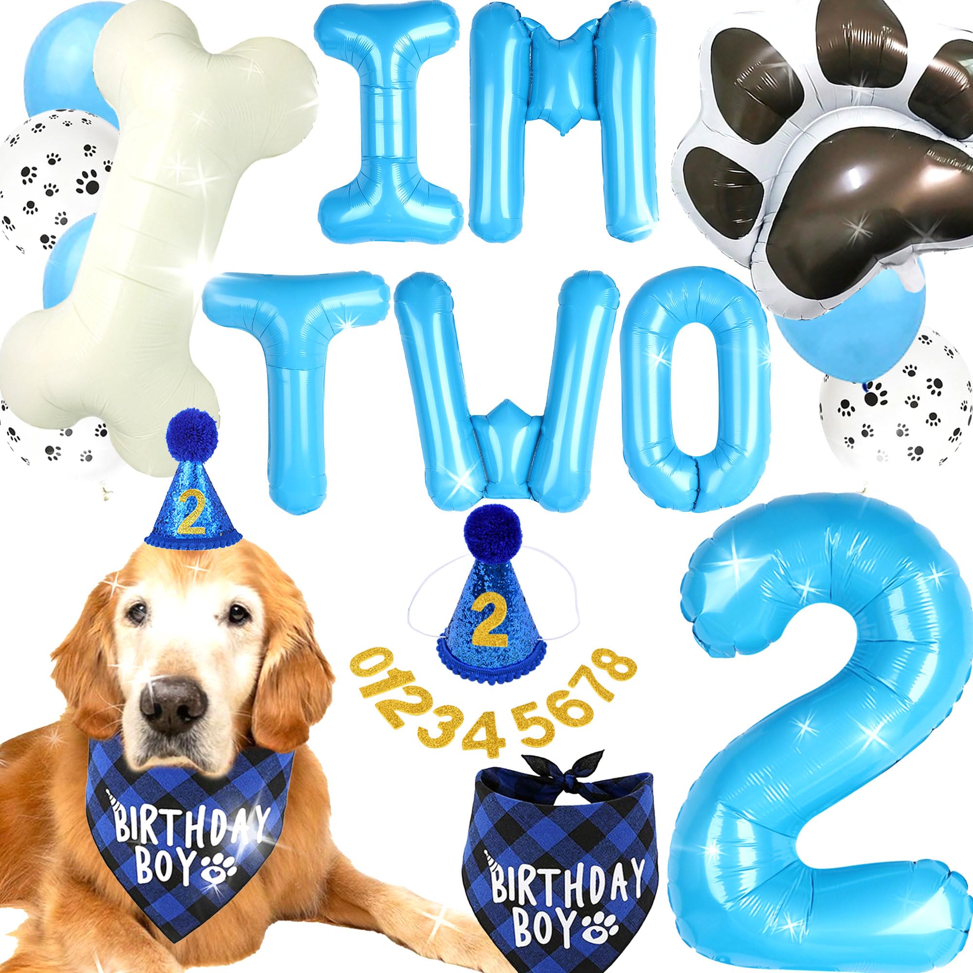 Dog Second Birthday Party Supplies Dog Puppy 2nd Birthday Banner Im two Balloons Hat with Number Bandana Balloons for Pets Decorations