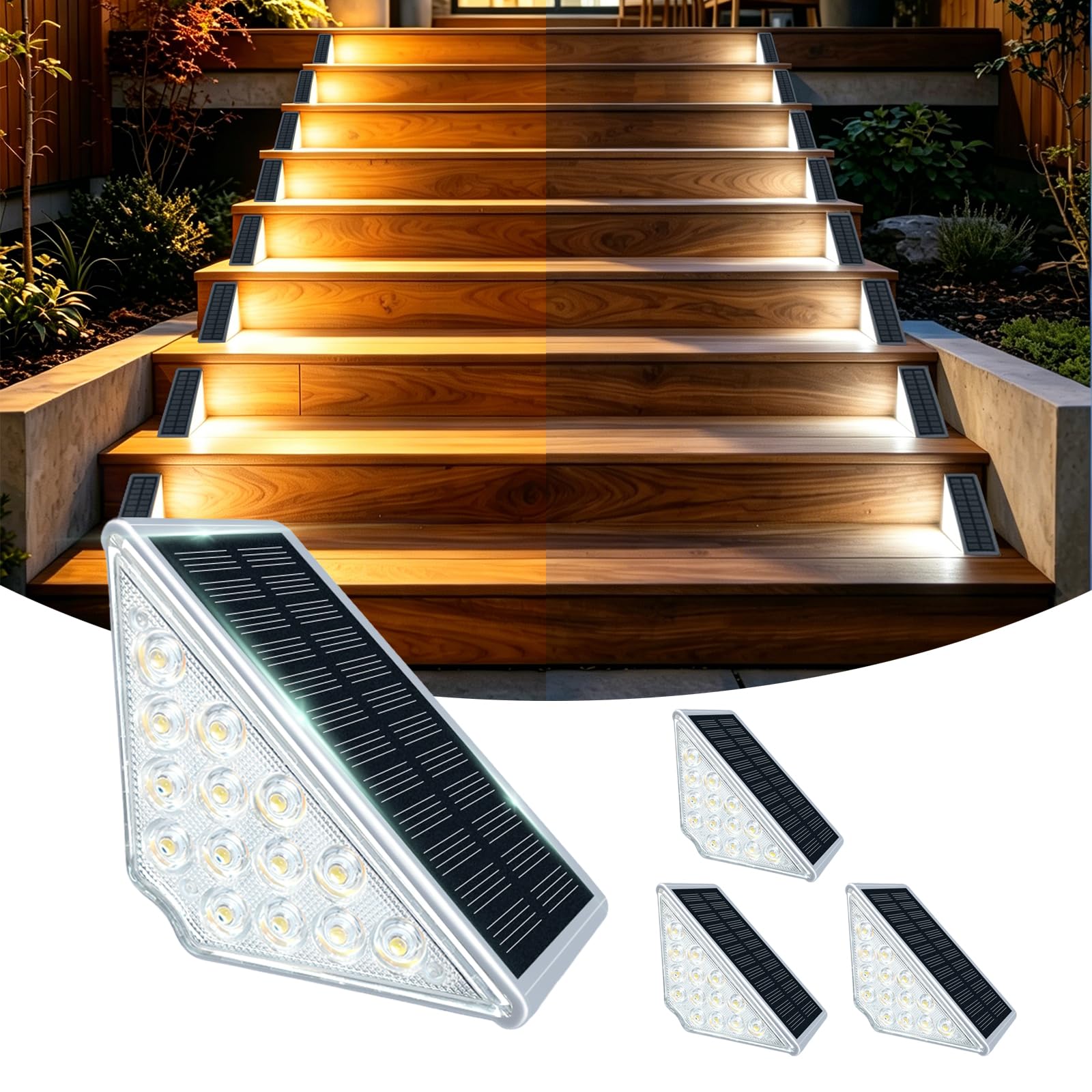 Lot de 4 lampes solaires d'escalier d'extérieur - Blanc froid et blanc chaud - Étanche IP67 - Pour sol, véranda, décoration, cour, allée, jardin, trottoirs