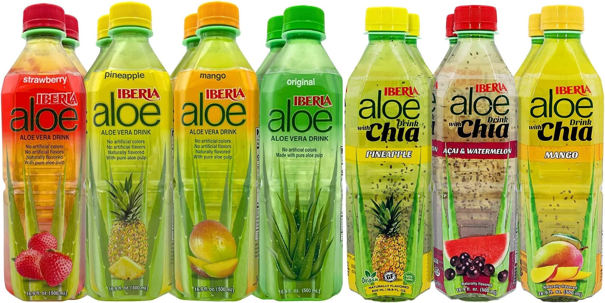 Aloe Vera Drinks, Variety (Pack of 8) and Iberia Aloe Vera Drink with Chia, Variety (Pack of 6) Bundle