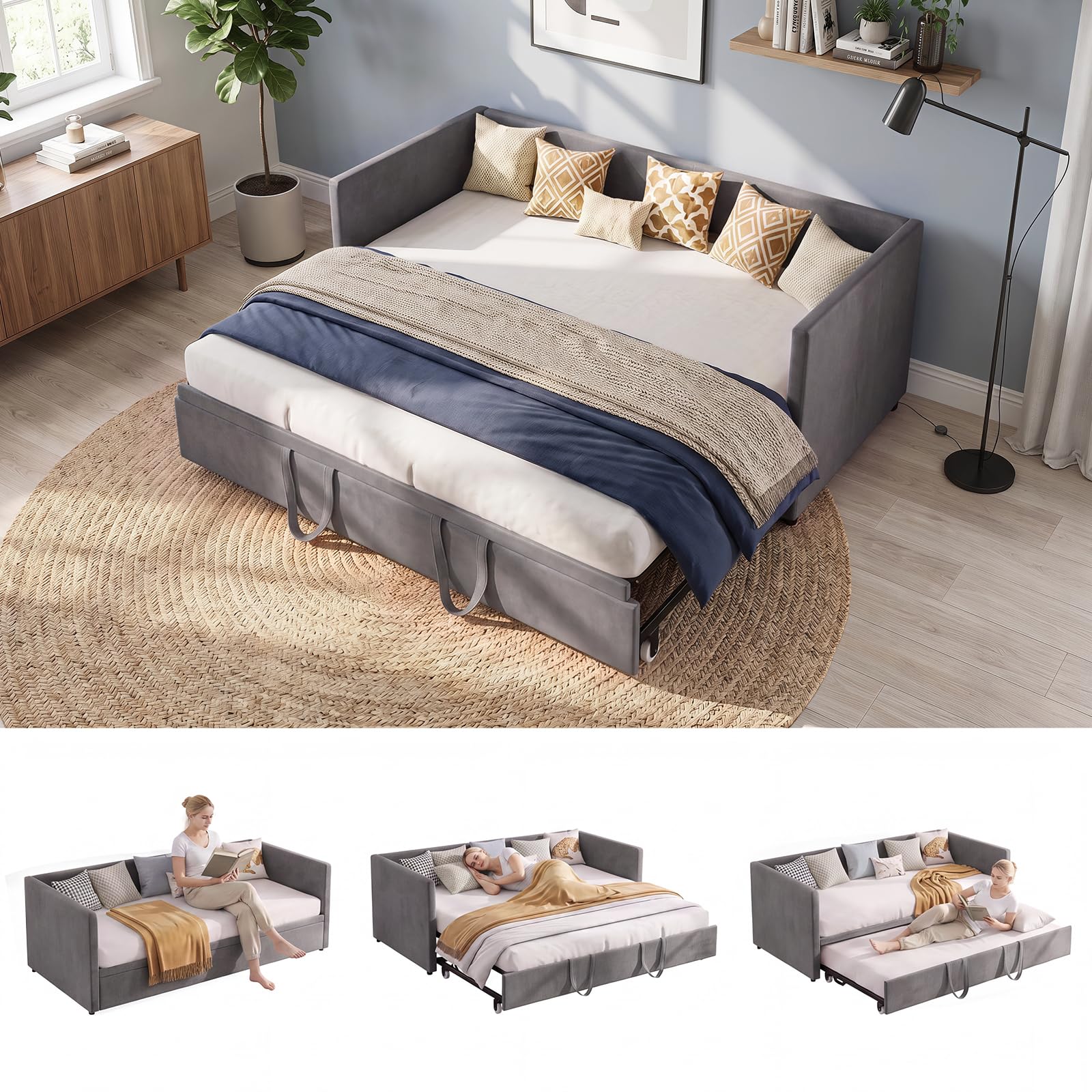 Tagesbett Ausziehbar Schlafsofa 90/180x200, Schlafsofa,schlafcouch mit Lattenrost, Schlafcouch ausziehbar,Ausziehbett, Bettsofa,Polsterbett Multifunktionsbett aus Veloursstoff