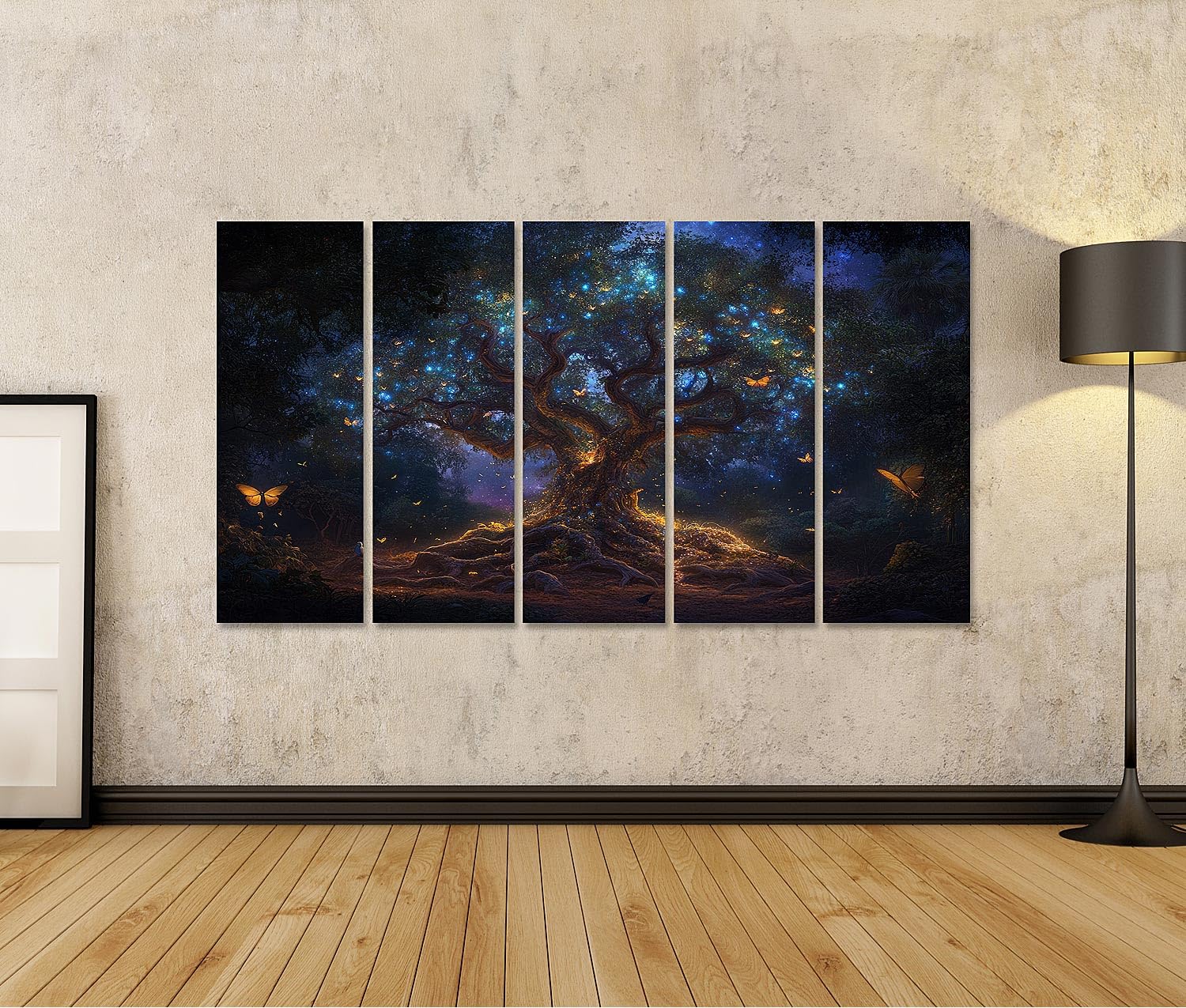 islandburner Primer cuadro sobre lienzo árbol mágico por la noche con luces azules y mariposas cuadros cuadros murales carteles