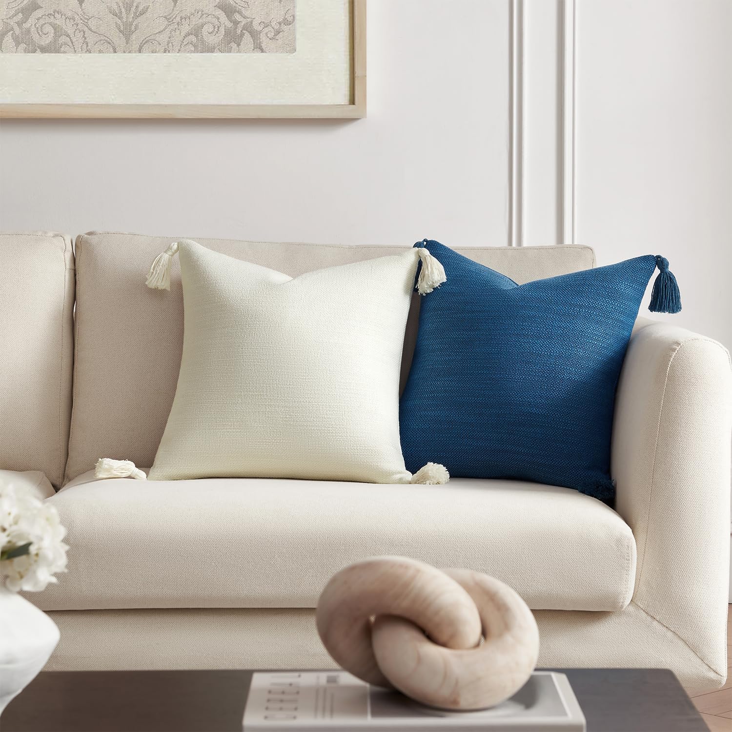 Meekio Set of 2 Deep Blue Pillow Covers 18x18 with Tassels, Linen Look Decorative Throw Cushion Covers for Sofa Couch, Farmhouse Boho Living Room Home Decor