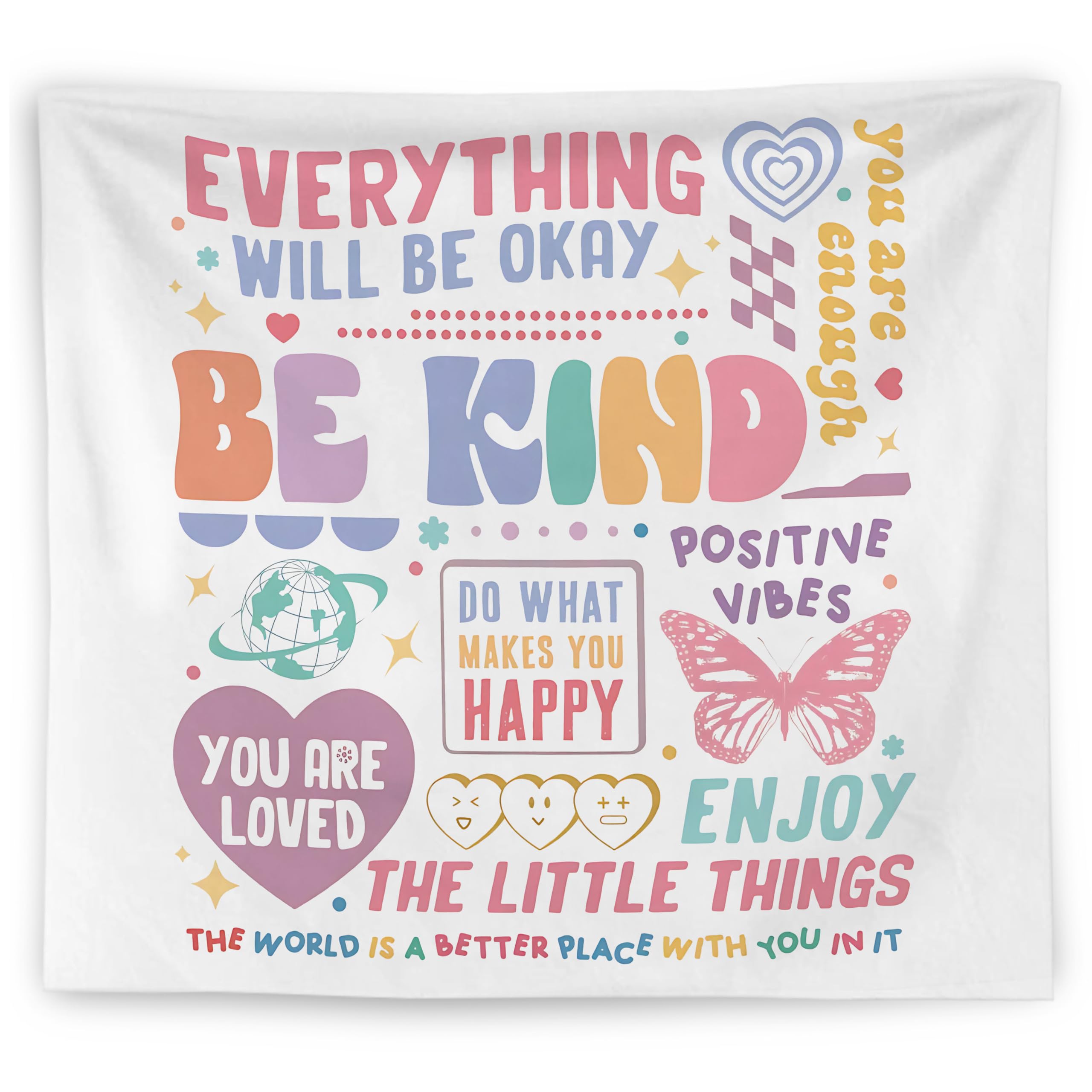 WNAGT Retro Mental Health Tapestry, Everything Will Be Okay Therapy Mental Health Tapestry Wall Hanging, Pastel Girly Wall Blanket Decor for Therapy