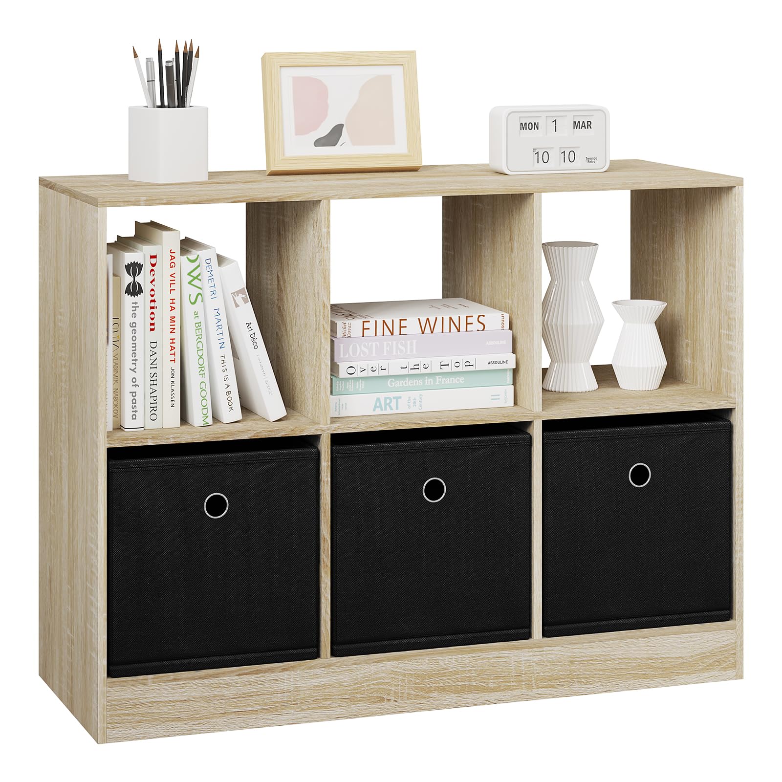 WOLTU Bücherregal mit 3 Schubladen aus Vliesstoff, Standregal mit 6 Fächern, Würfelregal für Schlafzimmer Wohnzimmer Arbeitszimmer Büro, helle Eiche, 80x60x30 cm, SK033hei