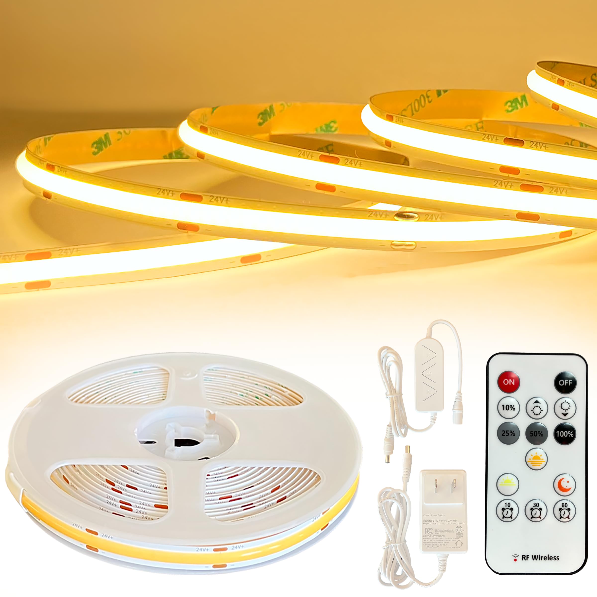 GLOWTRACE COB LED Strip Light Kit – 16.4ft Warm White (3000K), Dimmable with RF Remote, Peel & Stick DIY, Under Cabinet Lighting, LED Lights for