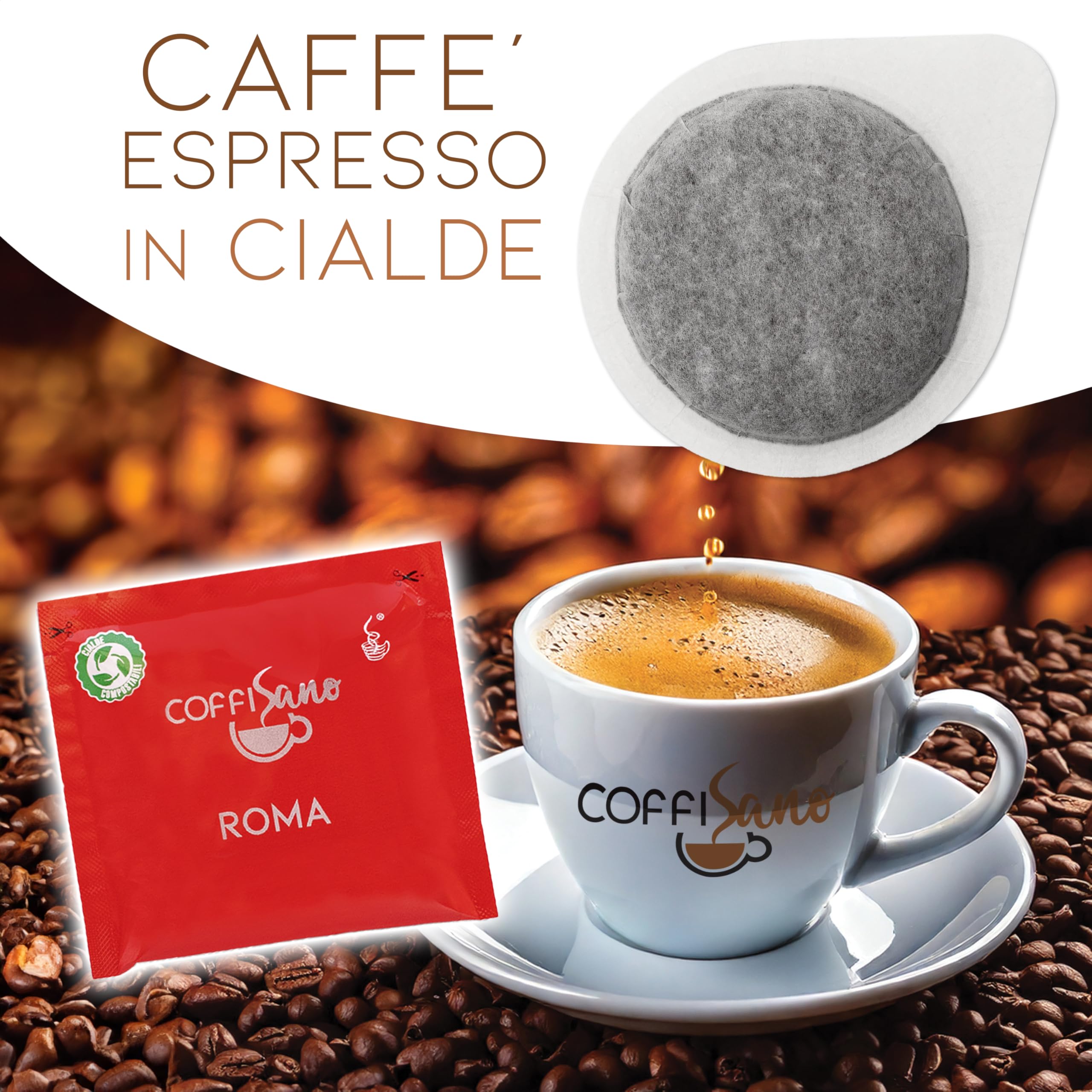 COFFISANO 50 Cialde Caffè in Filtro Carta Compostabile ESE 44 mm Miscela Roma, Bustine Espresso Italiano Monodose – Gusto Cremoso ed Equilibrato (Confezione da 4)