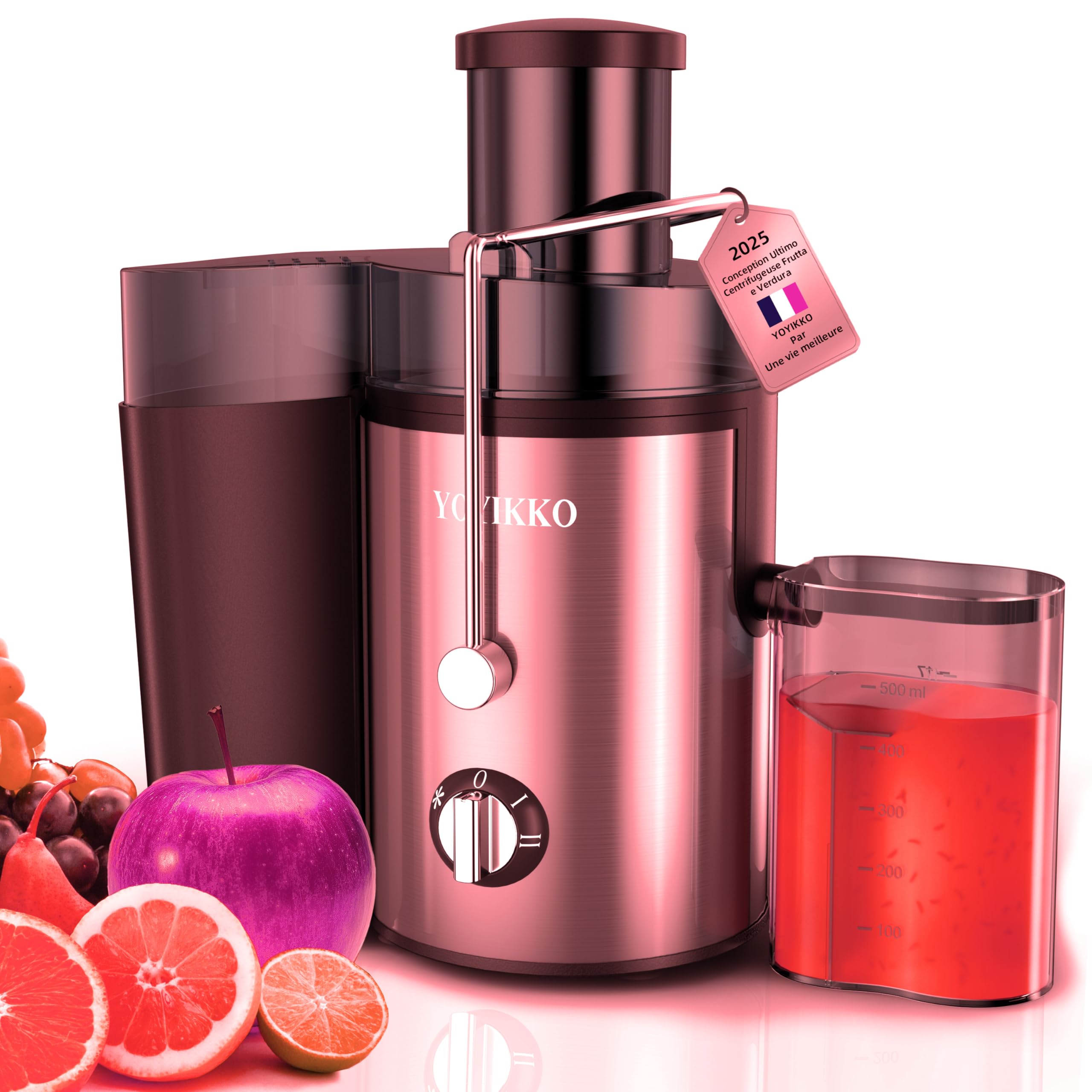Centrifugeuse Extracteur de Jus, 3 vitesses, extracteur Frutta e Verdura 800W avec bouche de 75 mm de large, facile à nettoyer, acier inoxydable sans BPA (Rouge-60)