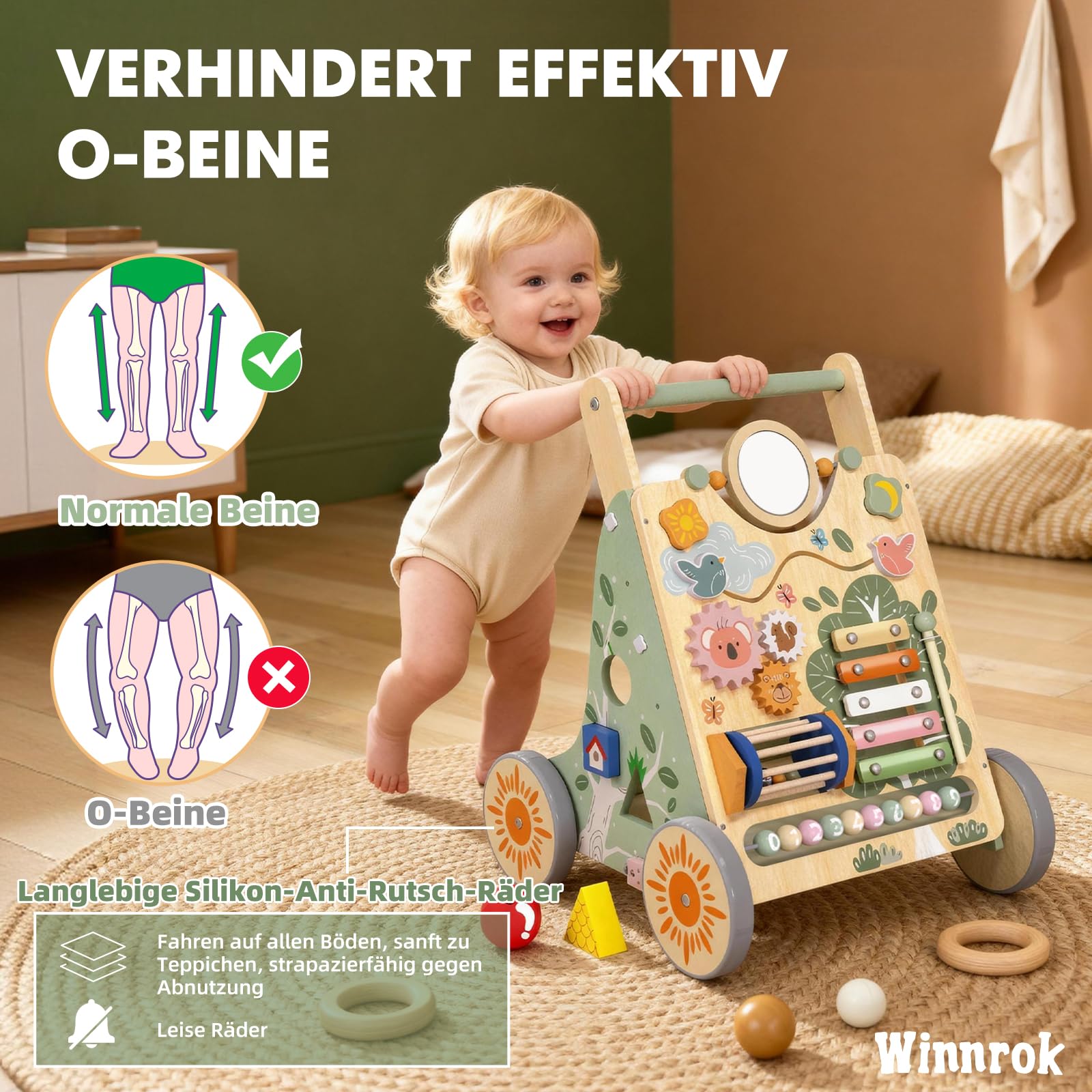 Baby Lauflernwagen Holz, Baby Lauflernhilfe Höhen- und Geschwindigkeitsverstellbar, Montessori Spielzeug ab 1 Jahr, Baby Walker für Jungen und Mädchen, Geschenk zu Weihnachten und Geburtstag