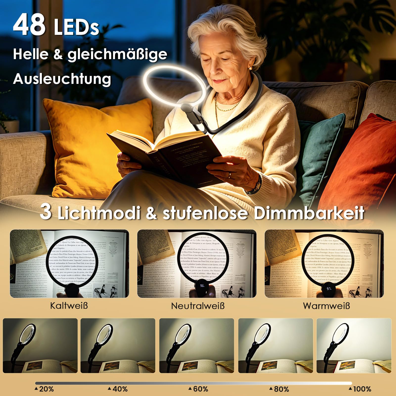 Wederaufladbare Lupe mit Licht 5X, 48 LEDs große Leselupe als Umhänge-, Tisch- & Handlupe, 3 Lichtmodi & stufenlos dimmbar, Akkuanzeige für Senioren zum Lesen, Stricken, Häkeln und Nähen