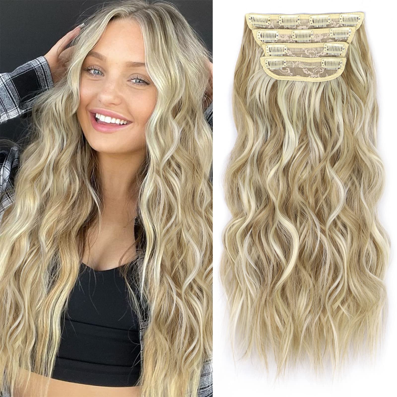 ALXNANClip in Long Wavy Synthetic Hair Extension 24 Inch Beach Blonde 4PCS Thick Hairpieces Fiber Double Weft Hair for Women