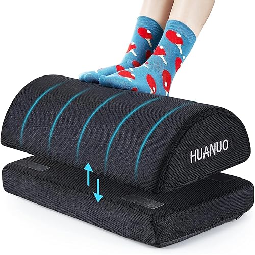 HUANUO Foot Rest for Under Desk at Work, with 2 Optional Covers for Replacing, Double Layer Adjustable Foot Rest for Office, Home, Airplane, Travel - Black - Standard 17"