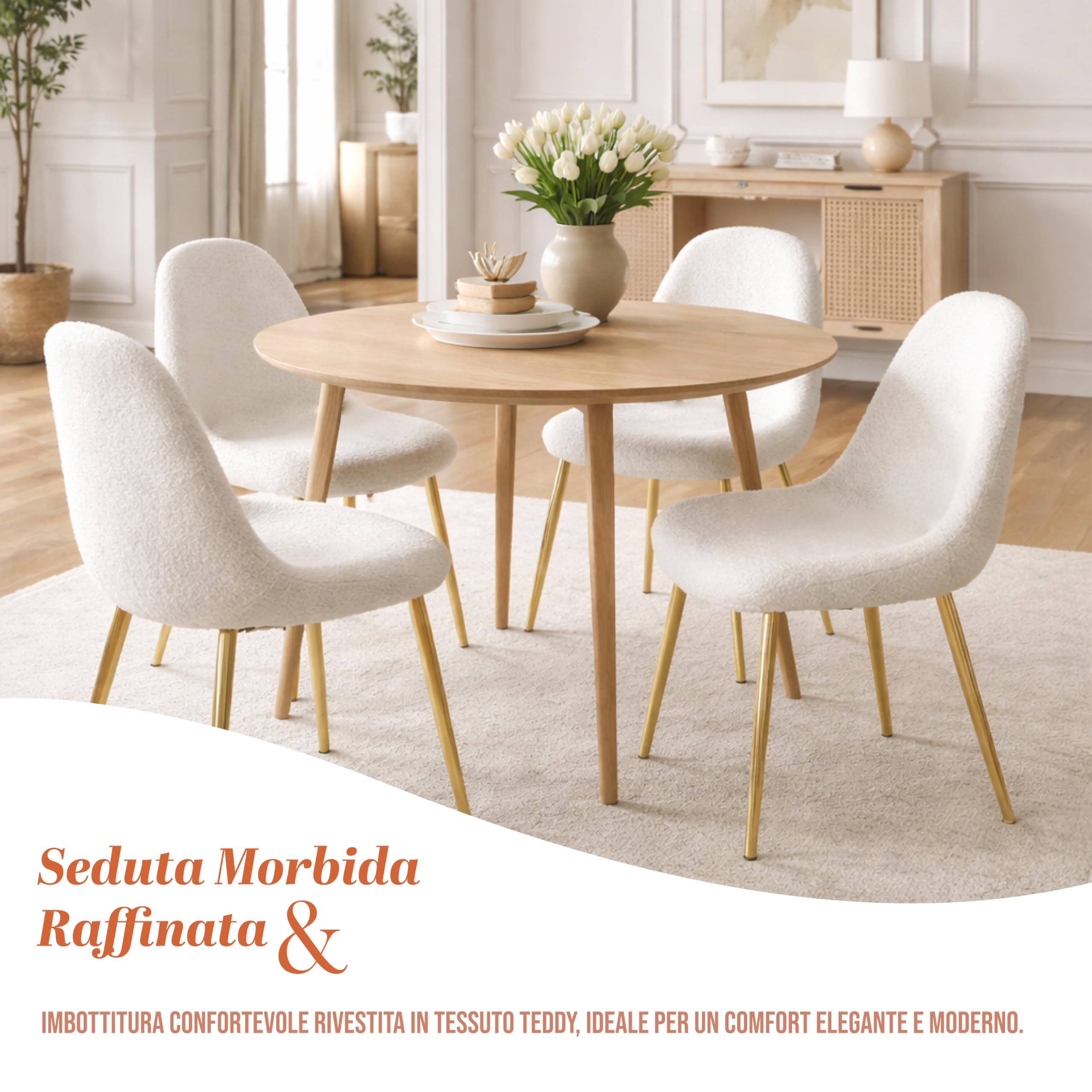 Maury's Set 4 Sedie Imbottite Teddy - Tessuto Morbido, Deisgn Moderno, Gambe in Metallo Oro, Comfort, Struttura Resistente, per Cucina, Soggiorno - 44X48X88h CM (Tessuto Bianco)