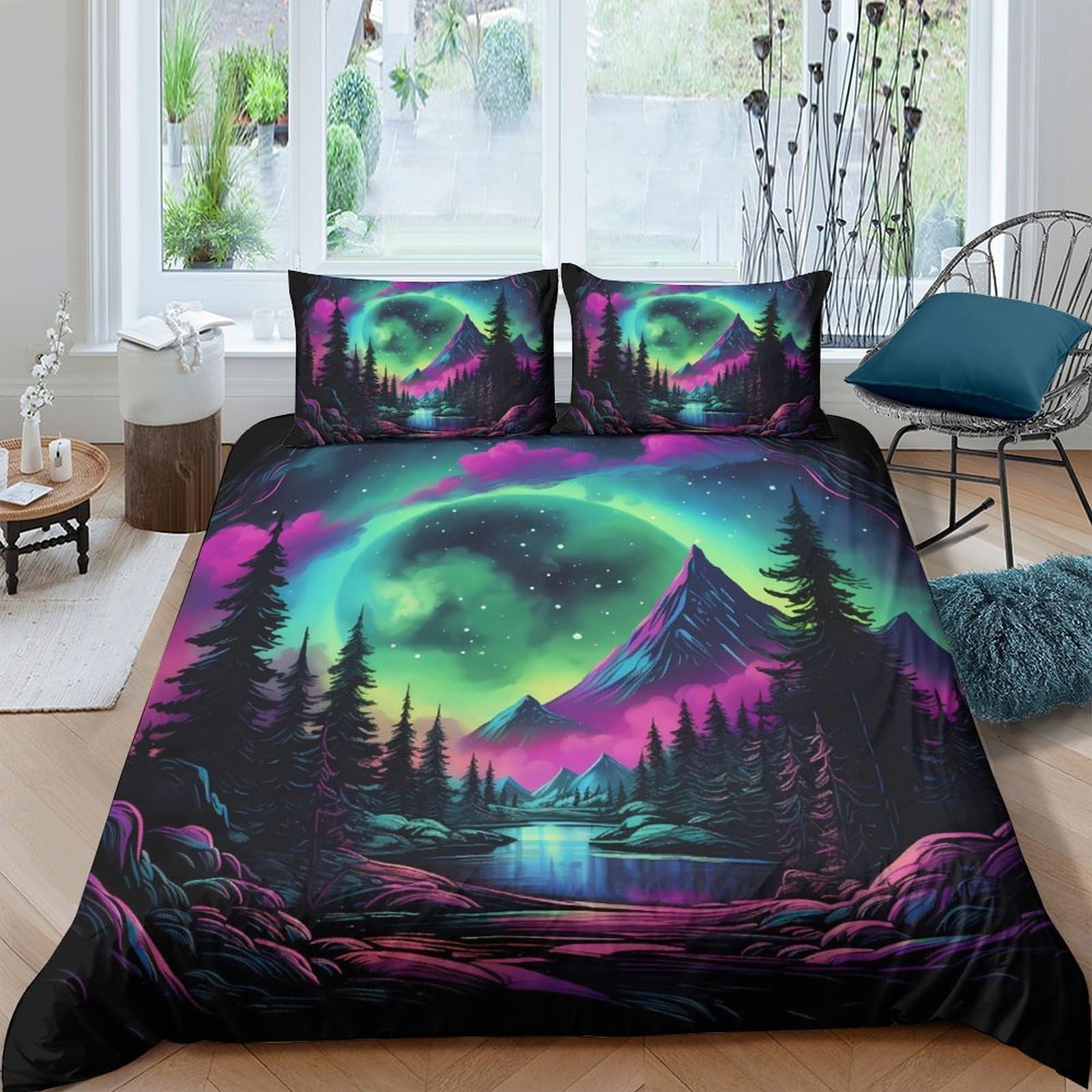 Ctjqhvkz Style-3 3D Printed Aurora Borealis Fitted Sheet Microfiber Soft Forest Mountain Bed Cover For Bedroom Guest Room Decor Single（135X200cm）