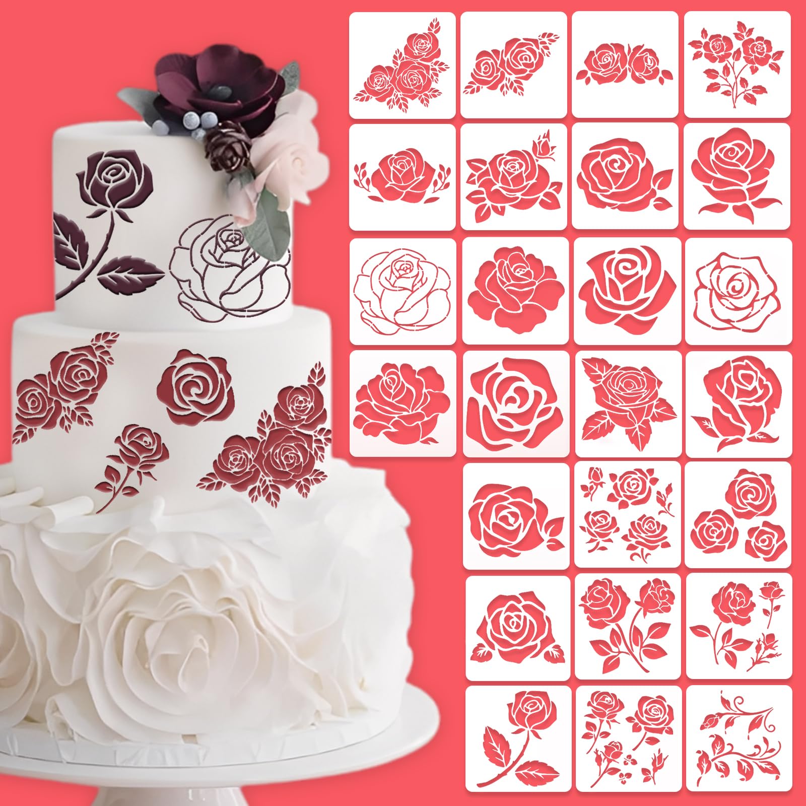 Rose Flower Cake Stencils Kit Reusable Floral Cookie Coffee Stencil Drawing Template for Valentines Day Dessert Buttercream Painting DIY Crafts Decor (25 Pcs)