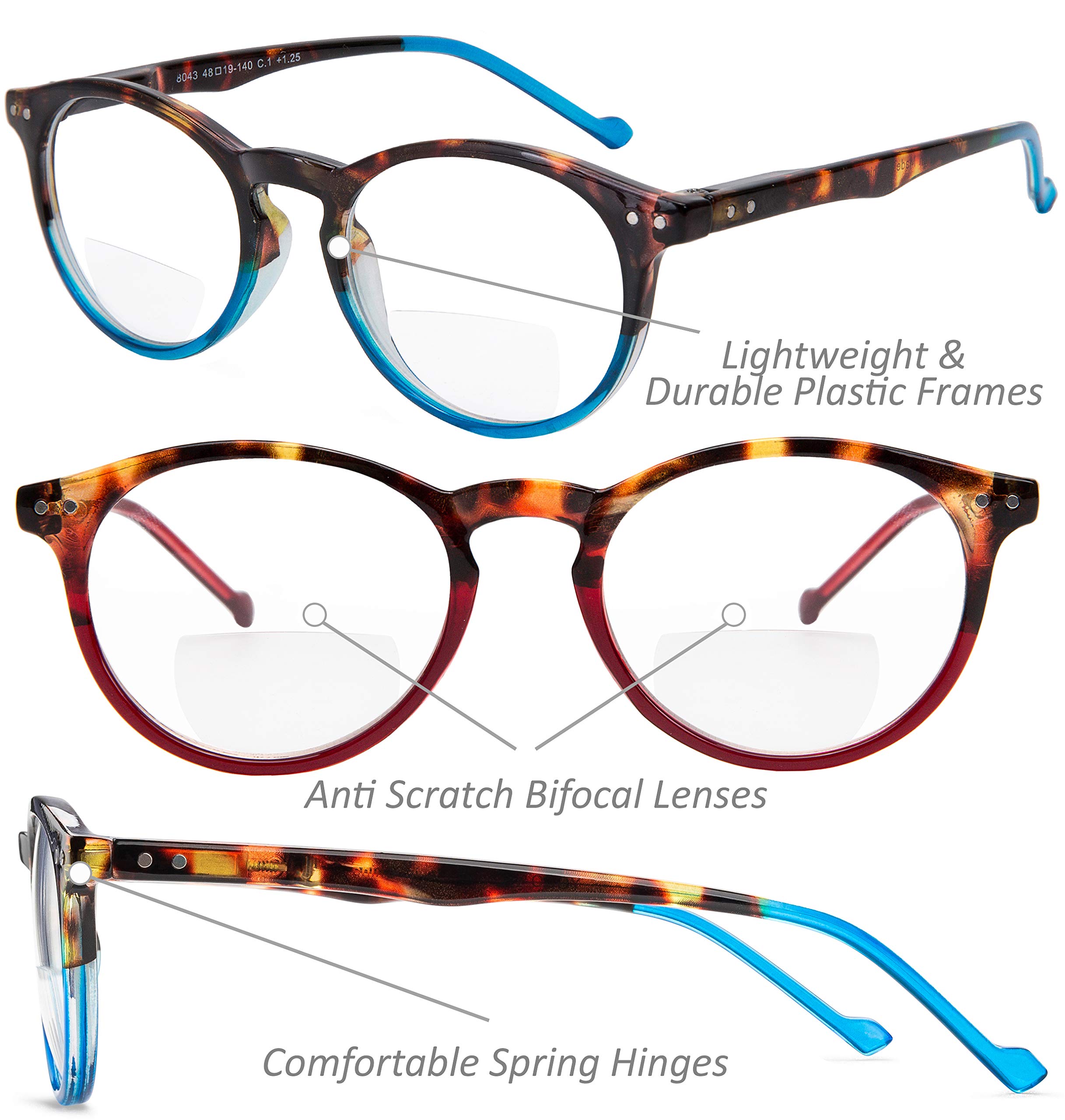 Yogo Vision Occhiali Da Lettura Bifocali, Confezione Da 2, Montature In Plastica Con Cerniera A Molla, Lettori Bifocali Per Uomo E Donna, Blu Avana, Rosso Avana 1,5